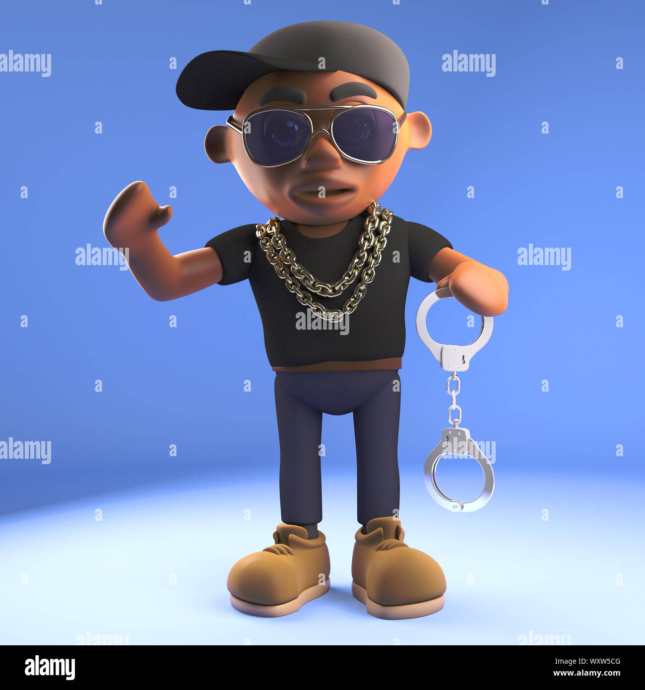 3D fumetto nero rapper hiphop in berretto da baseball tenendo un paio di manette, 3D render illustrazione Foto Stock