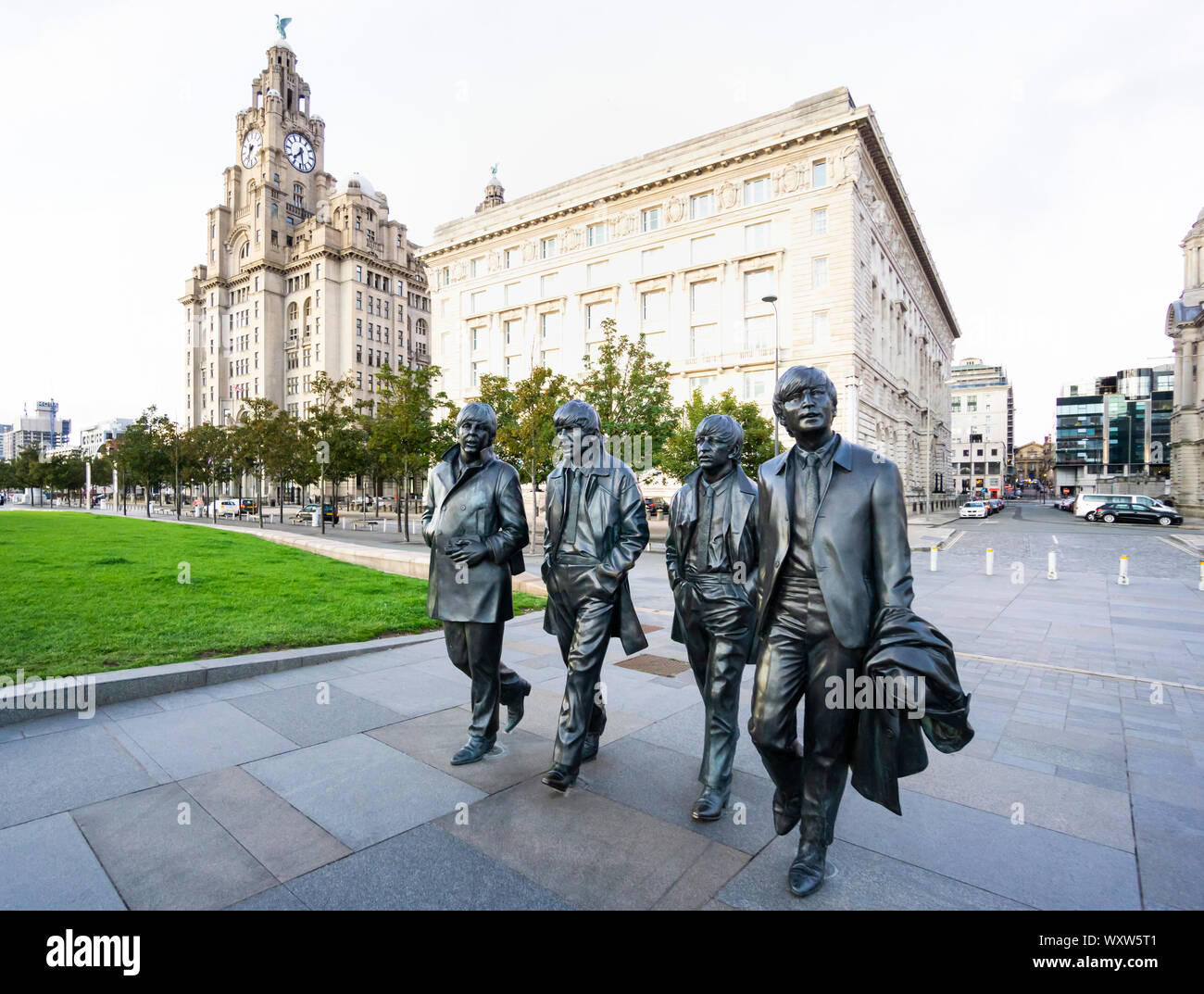 La statua Fab Four di Andrew Edwards a Pier Head a Liverpool Foto Stock