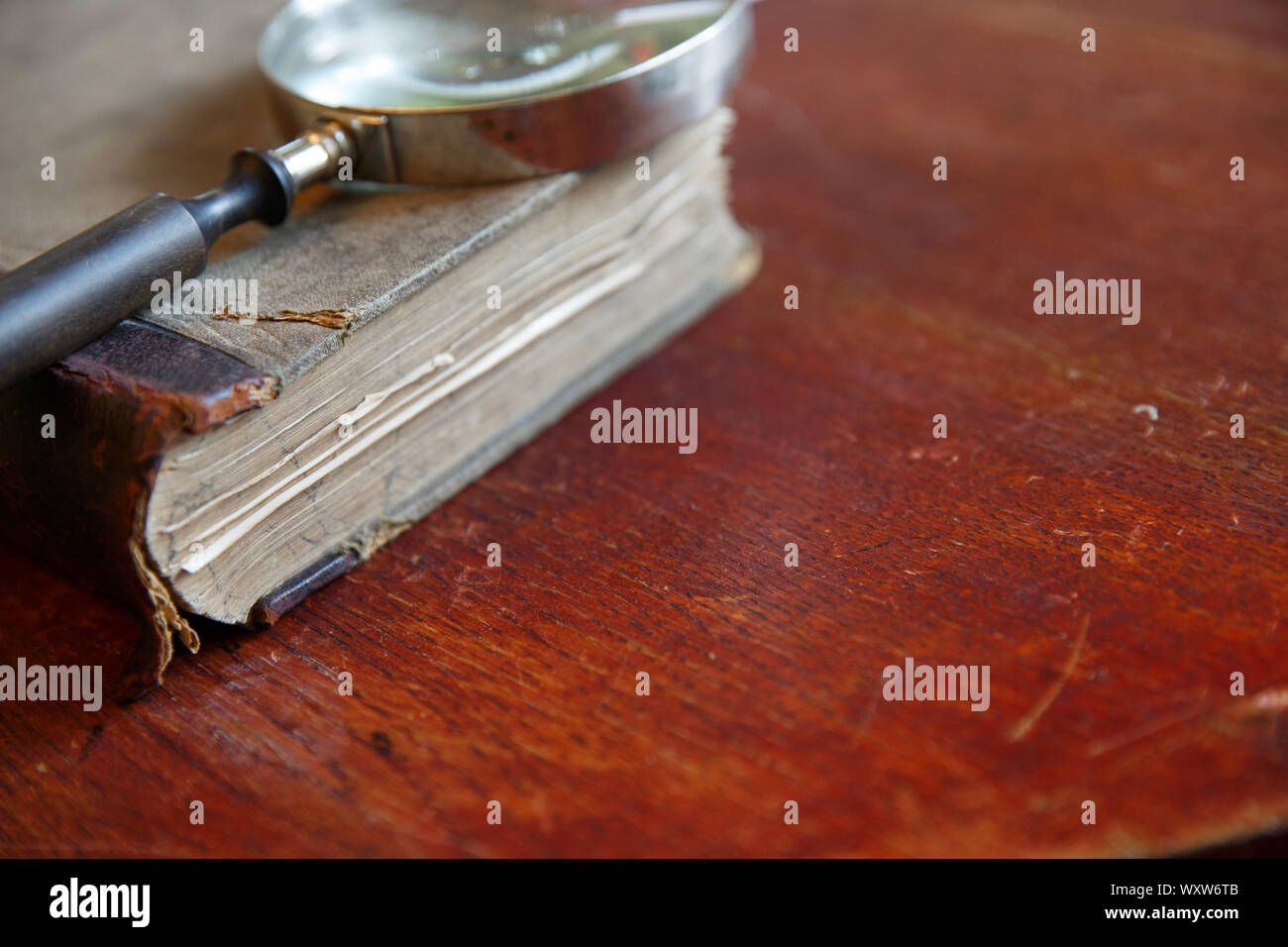 Lente di ingrandimento e vecchio libro Foto Stock
