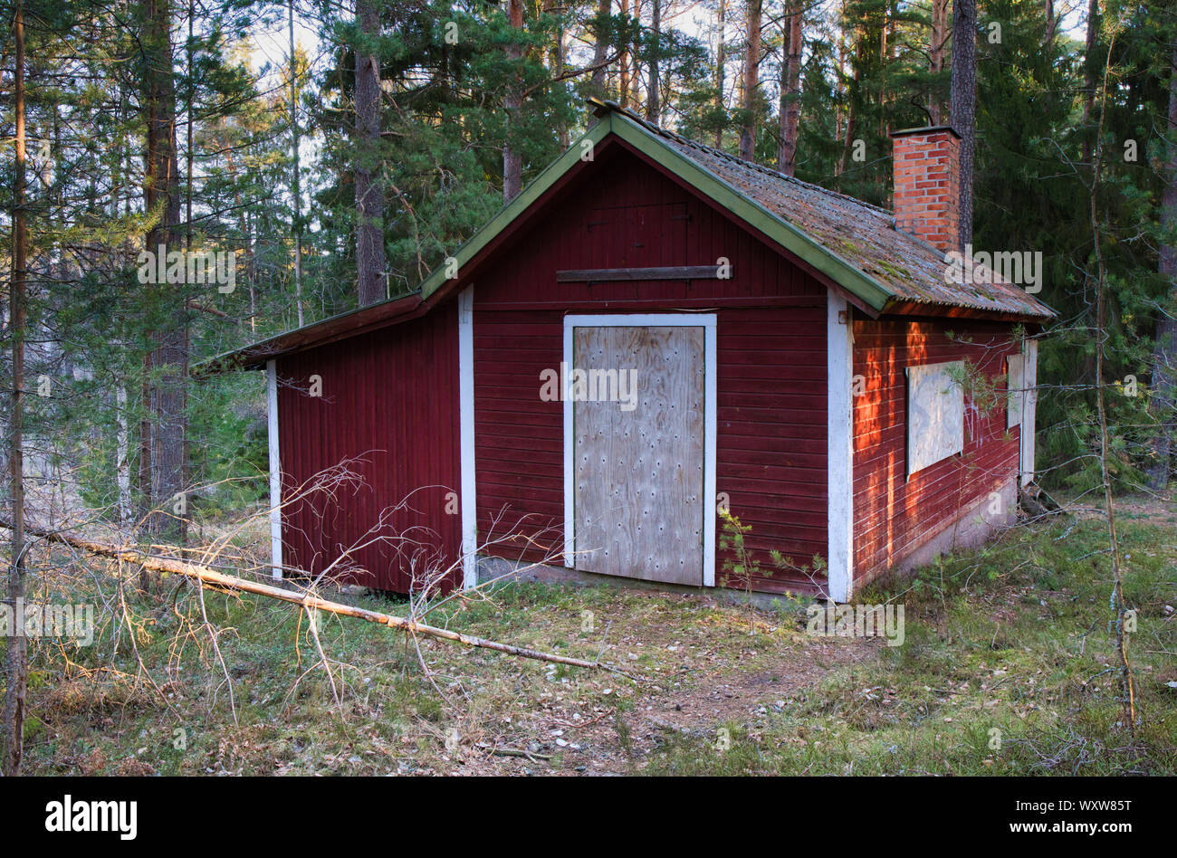 Tradizionale rosso falu legname intavolato cabina in foresta, Svezia e Scandinavia Foto Stock