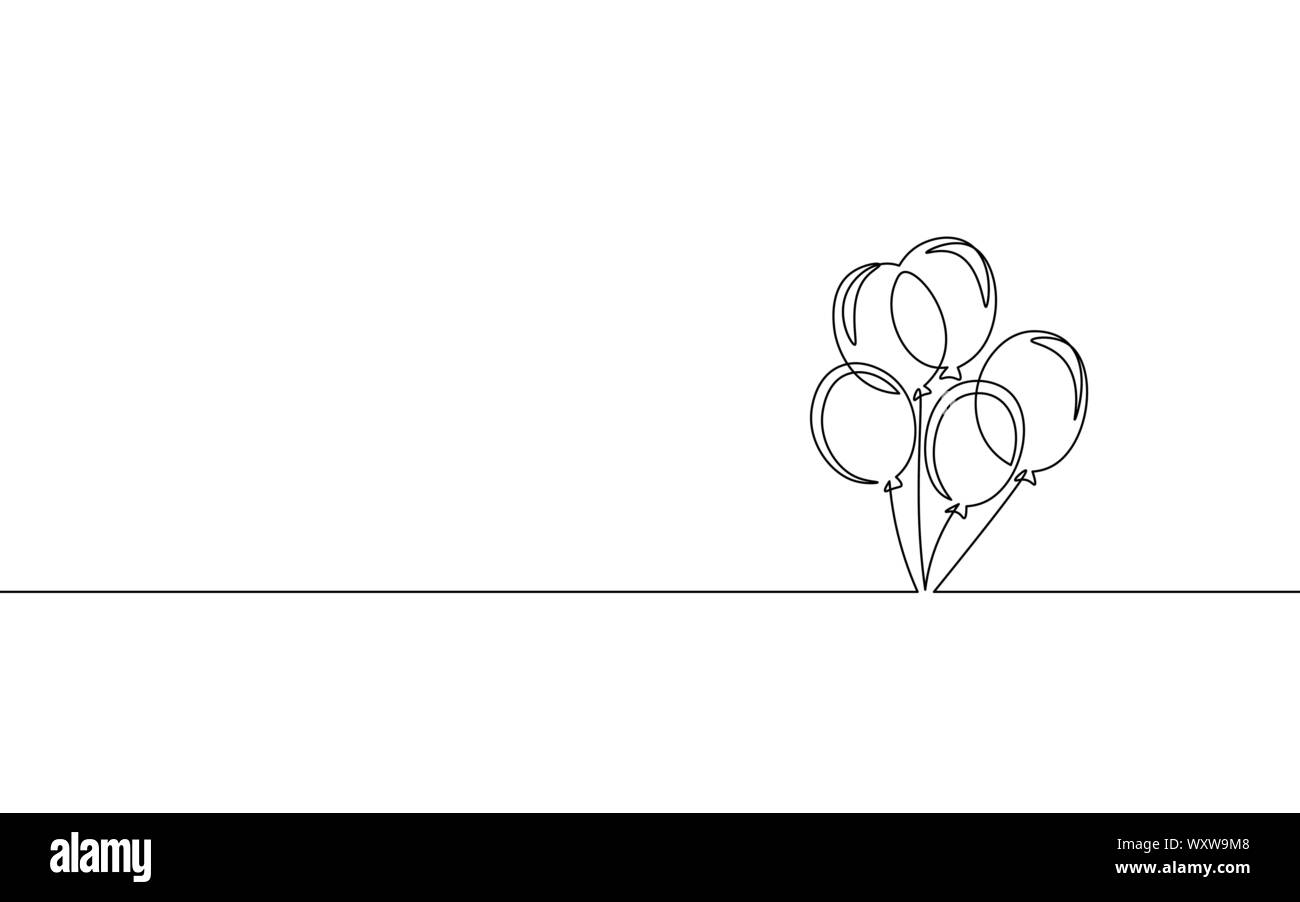 Mongolfiera di compleanno a una linea continua. Vacanza bambini decorazione elio volo palla bolla aria.concept disegno schizzo profilo Illustrazione Vettoriale
