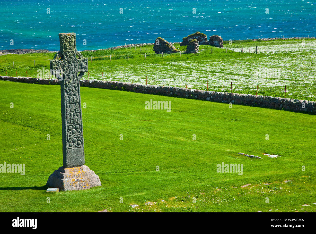 Cruz de San Martin. Abadía de San Colombano. Isla Iona. Ebridi Interne, Scozia. Regno Unito Foto Stock