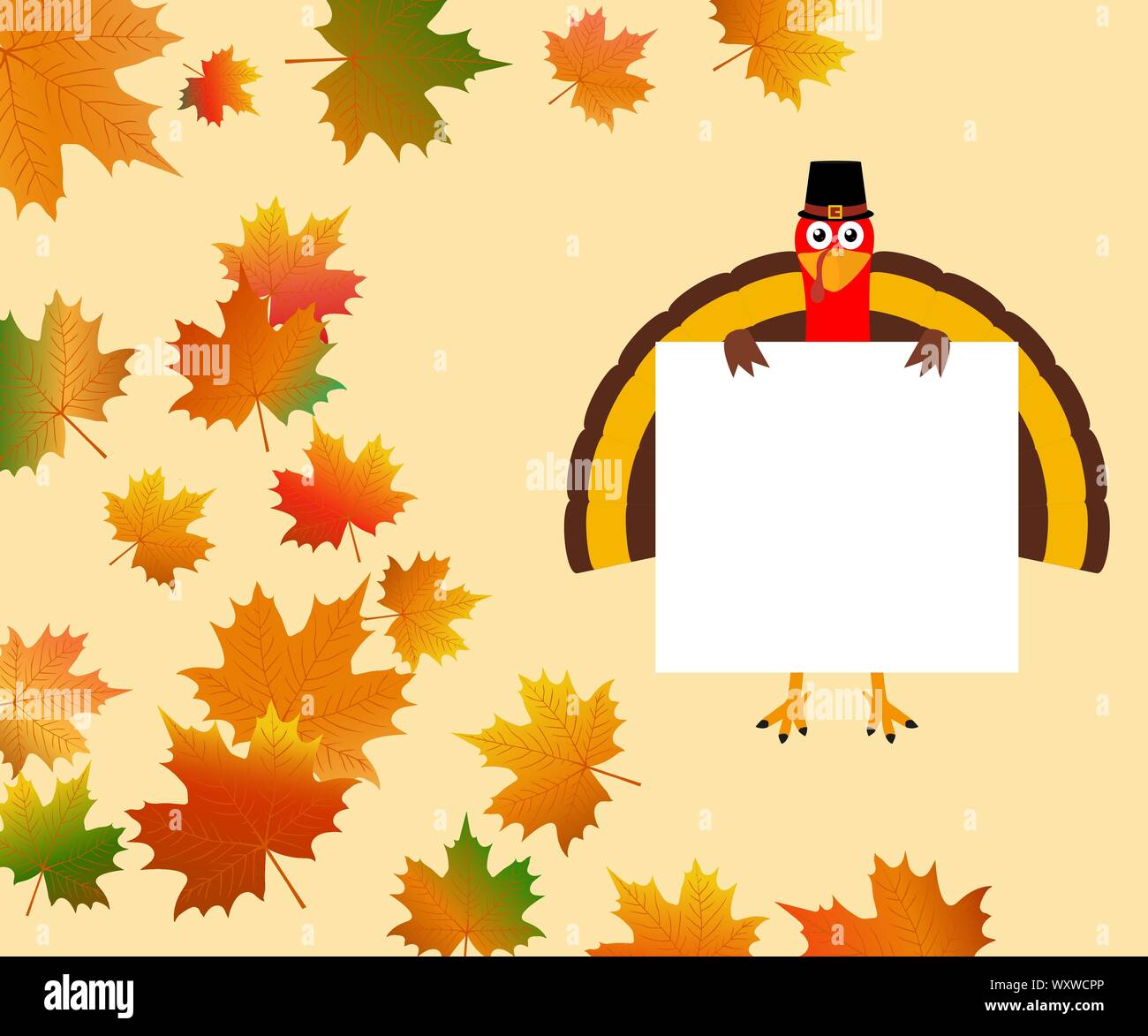 Divertente la Turchia con un fustellato banner bianco su uno sfondo di foglie di autunno Illustrazione Vettoriale