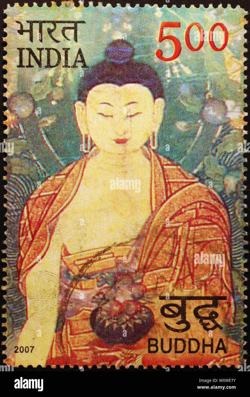 Una bella immagine del Buddha sulla indian francobollo Foto Stock