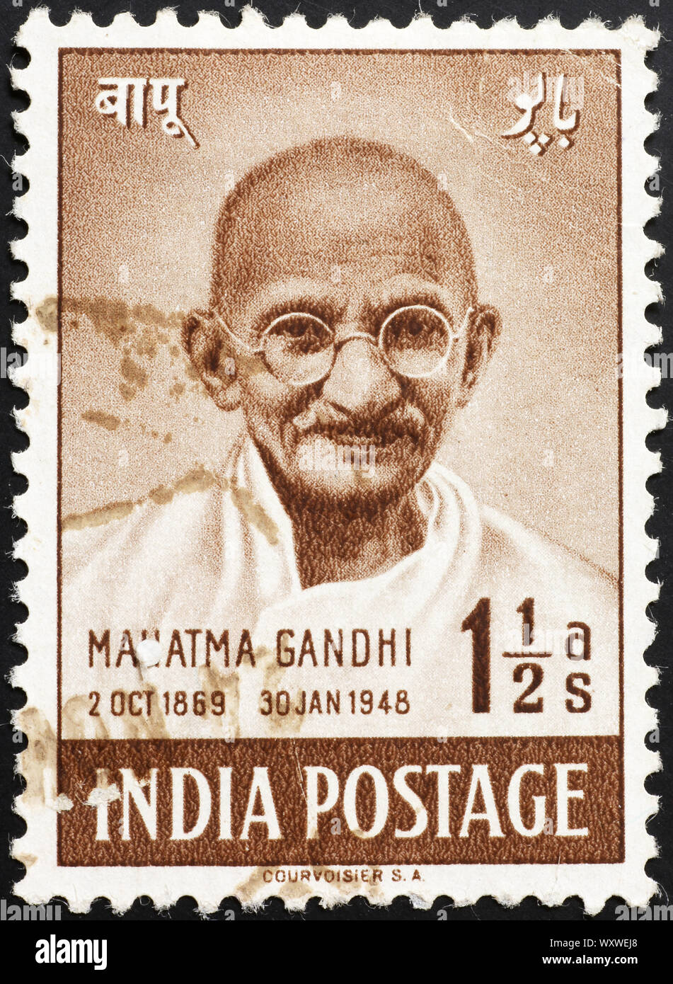 Ritratto di Gandhi sulla indian francobollo Foto Stock