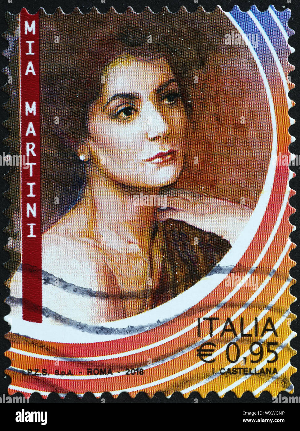Cantante italiana Mia Martini sul francobollo Foto Stock