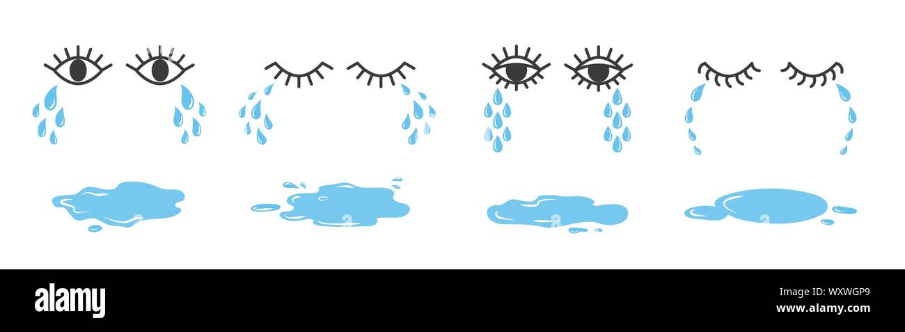 Set di doodle occhi piange con gocce di strappo e pozze. Cartoon carino piangendo gli Emoji collezione. Illustrazione Vettoriale