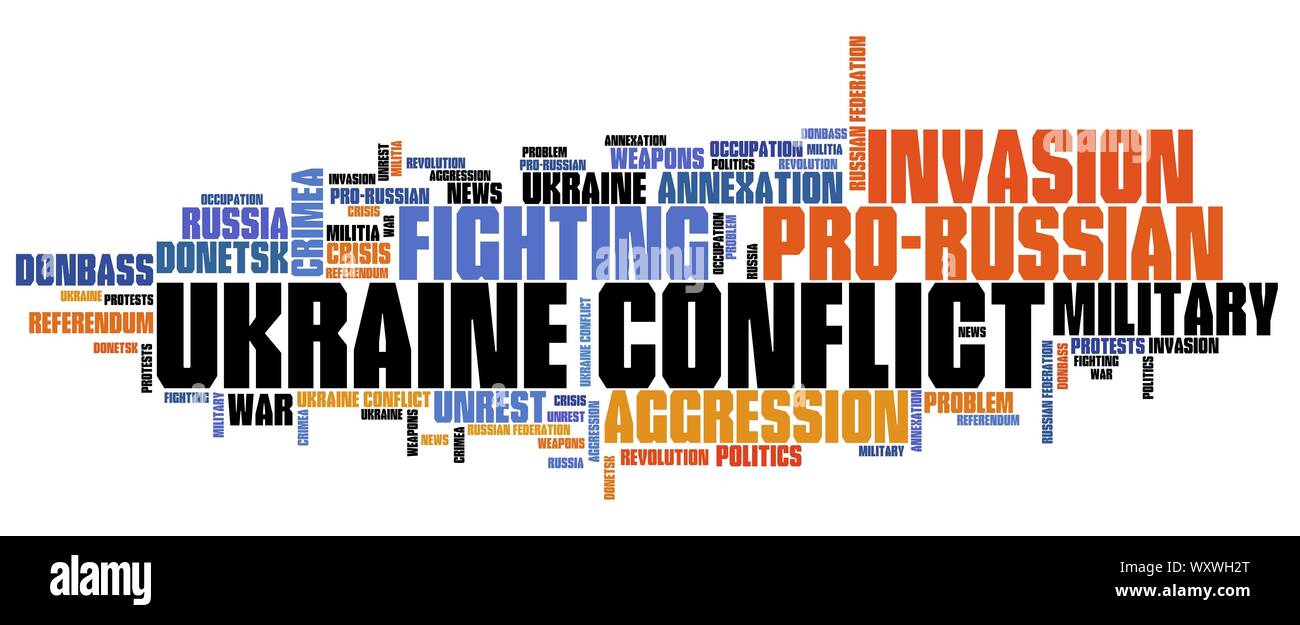 L'Ucraina conflitto - parole chiave per pro-russo disordini in Ucraina. Parola concetto di cloud computing. Foto Stock