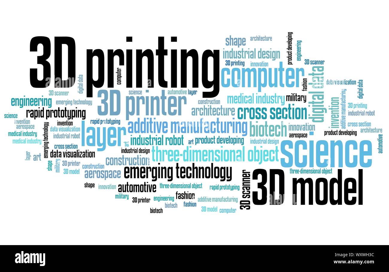 La stampa 3D - i concetti di tecnologia cloud di parola illustrazione. Parola collage. Foto Stock