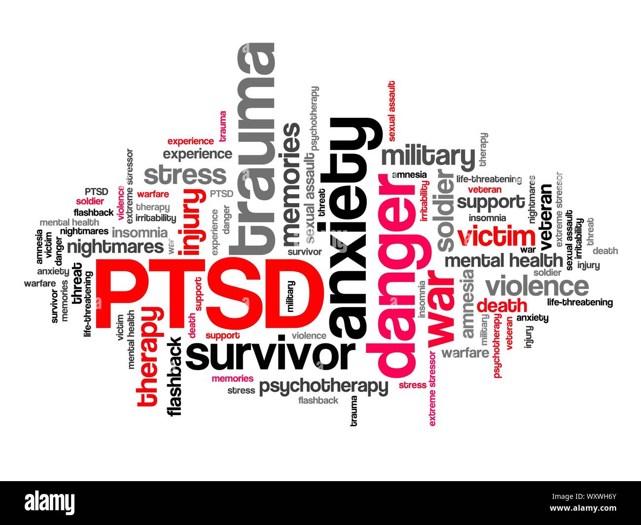 PTSD - proprio disturbo post-traumatico da stress. La salute mentale problema. Parola segno cloud. Foto Stock