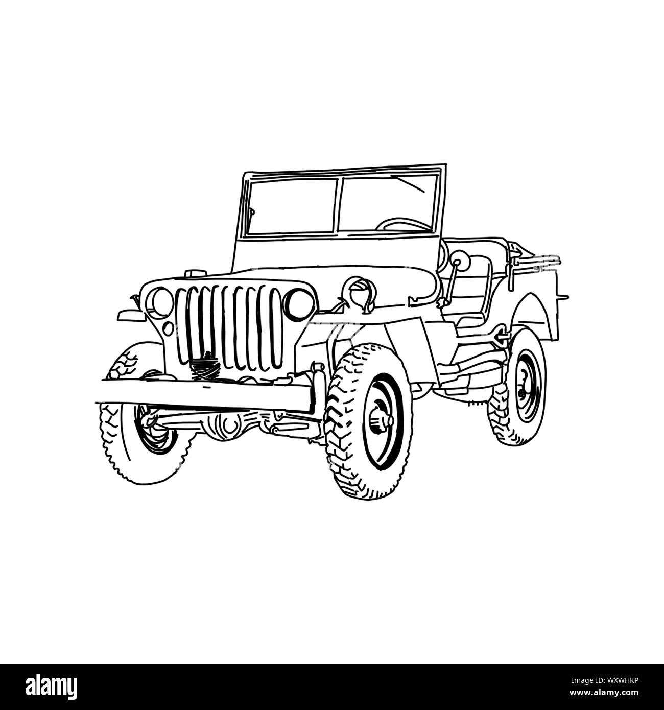 Veicolo militare esercito jeep vettore arte della linea tracciata a mano illustrazione Illustrazione Vettoriale