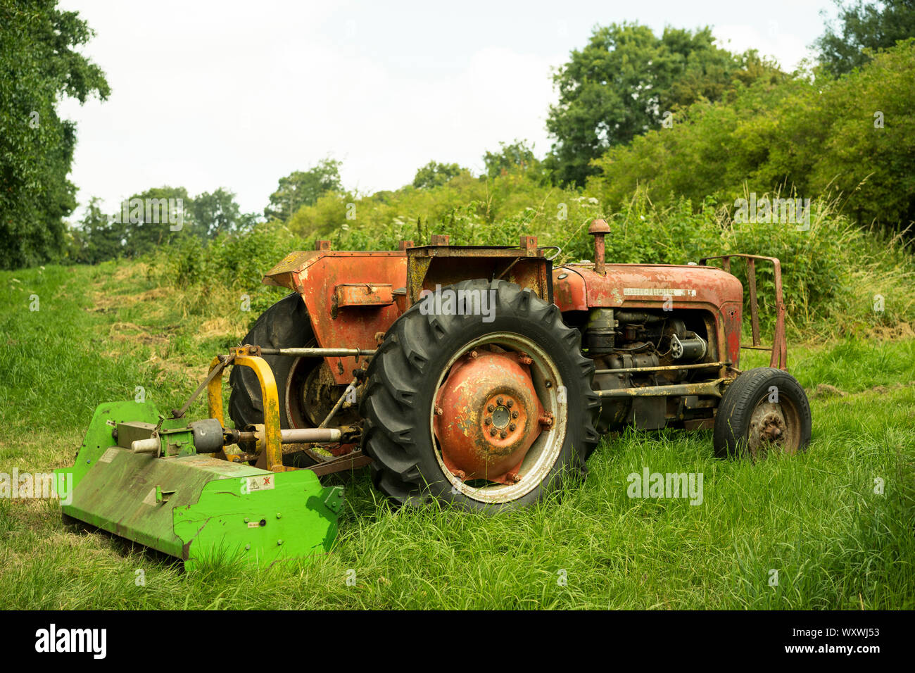 Vintage Massey-Ferguson 35X Trattore con taglio di erba allegato, Somerset, Inghilterra, Regno Unito. Foto Stock