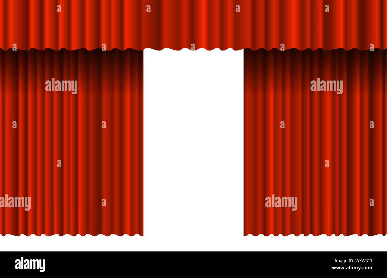 Tenda rossa di lusso aperta e realistica con molti palcoscenici d'ombra sullo sfondo. Grande apertura teatrale tendaggi in velluto palcoscenico cerimonia di apertura. Vector teatro prima poster annuncio illustrazione arte Illustrazione Vettoriale