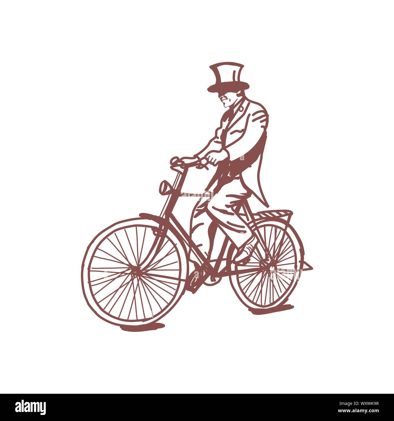 Schizzo di uomo Vittoriano di una bicicletta,Era Vittoriana steampunk vettore arte della linea tracciata a mano illustrazione Illustrazione Vettoriale