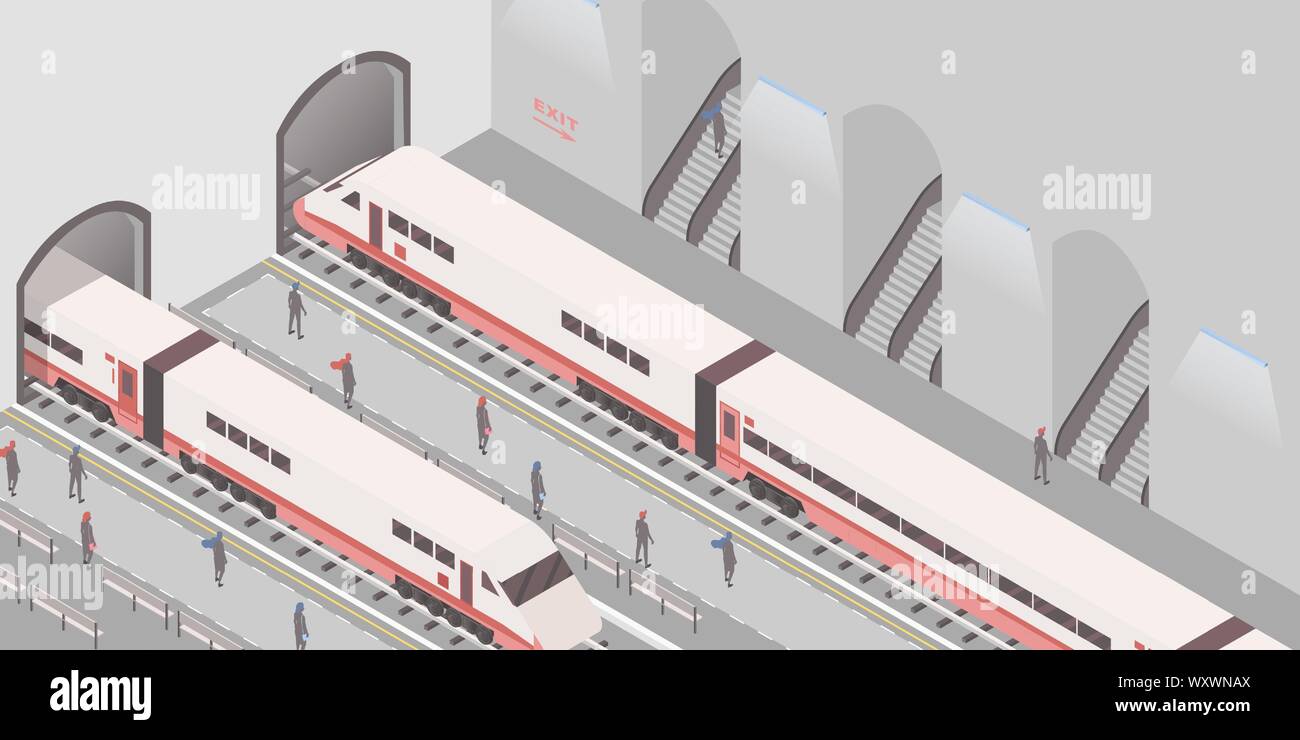 La stazione della metropolitana isometrica illustrazione vettoriale. Underground Railroad, express city travel service, il mezzo di trasporto passeggeri business, i mezzi di trasporto pubblici. Persone su piattaforme, che arrivano e partono treni Illustrazione Vettoriale
