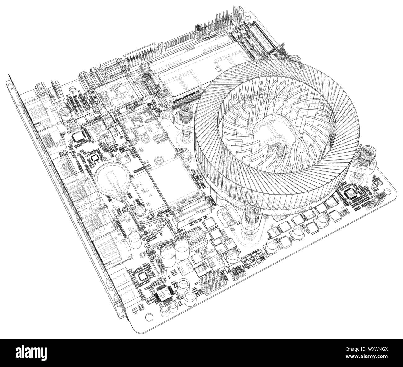 La scheda madre del computer. Scheda madre chip digitale. Vettore di rendering 3d. Illustrazione Vettoriale
