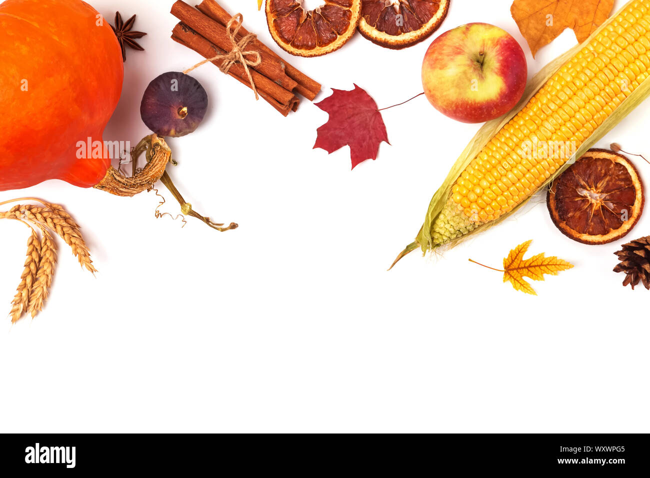 Creative composizione di ringraziamento con la zucca, frumento, mais e frutti isolati su sfondo bianco, vista dall'alto Foto Stock