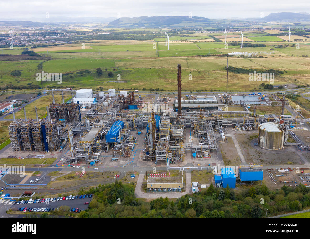 Vista aerea del Mossmorran impianto di etilene su 18 Settembre 2019 in Fife, Scozia, Regno Unito. L'impianto è gestito congiuntamente dalla ExxonMobil e Shell UK. Publi Foto Stock