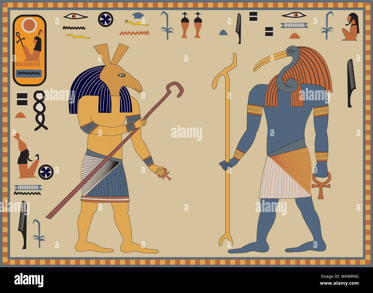 Antichi geroglifici dell'Egitto raffiguranti gli dei Thoth e Seth Foto Stock