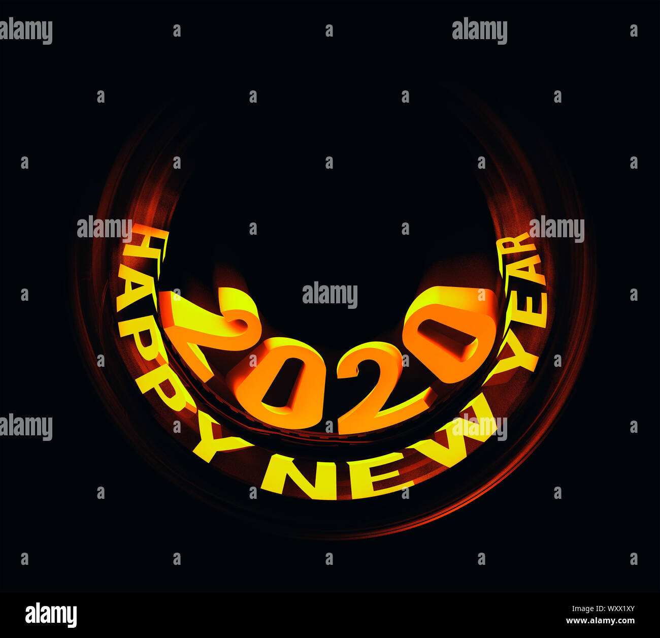 Congratulazioni per il Nuovo Anno 2020. Forma arrotondata 3D fumetto testo divertente. Immagine su sfondo nero Foto Stock
