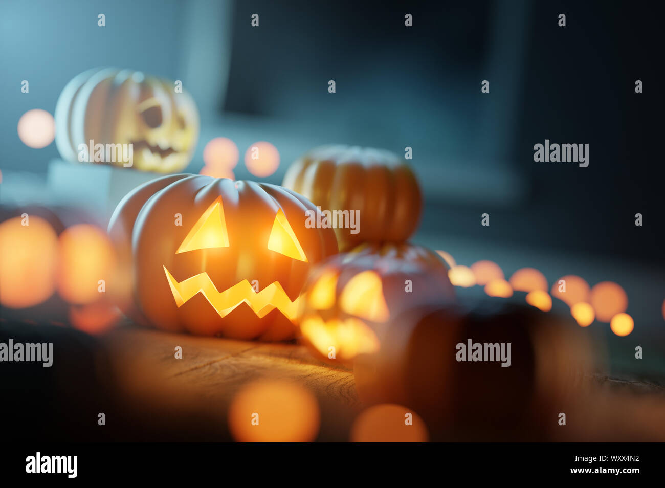 Autunno decorazioni di Halloween e lanterne di zucca su un pavimento di legno. 3D illustrazione Foto Stock