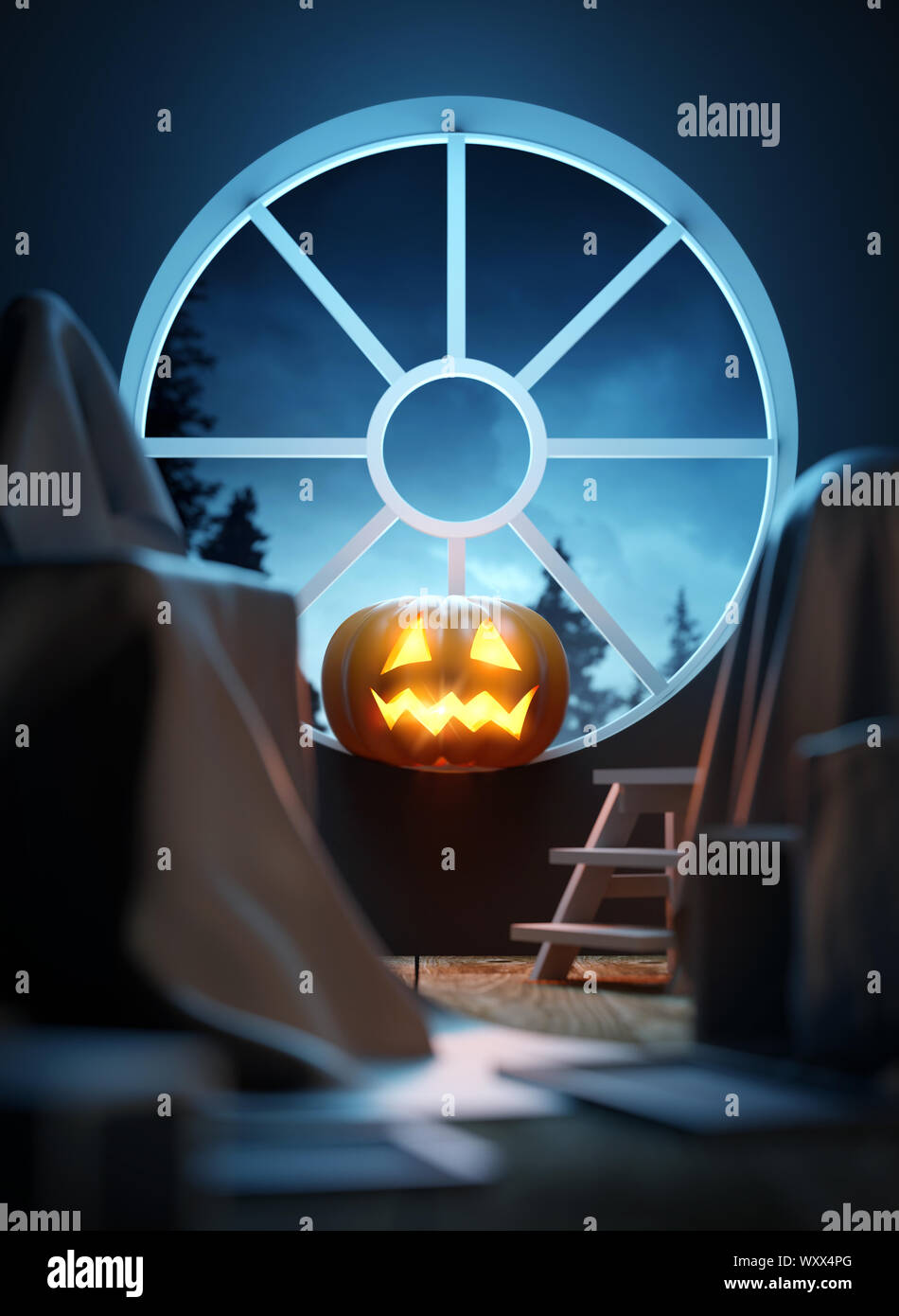 Un incandescente Jack O Lantern zucca lanterna di fronte a una finestra si illumina di un vecchio attico. 3D illustrazione Foto Stock
