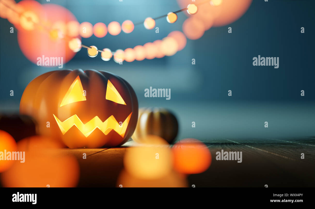 Una zucca di Halloween Jack O' Lanterna su un pavimento di legno con file di luci fairy. Celebrazione e festa-evento dello sfondo. 3D illustrazione Foto Stock