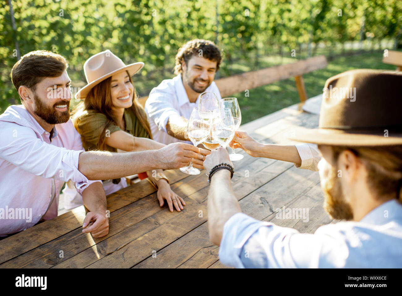 Gruppo di giovani bere il vino e a parlare insieme mentre è seduto al tavolo da pranzo all'aperto sulla vigna su una soleggiata sera Foto Stock