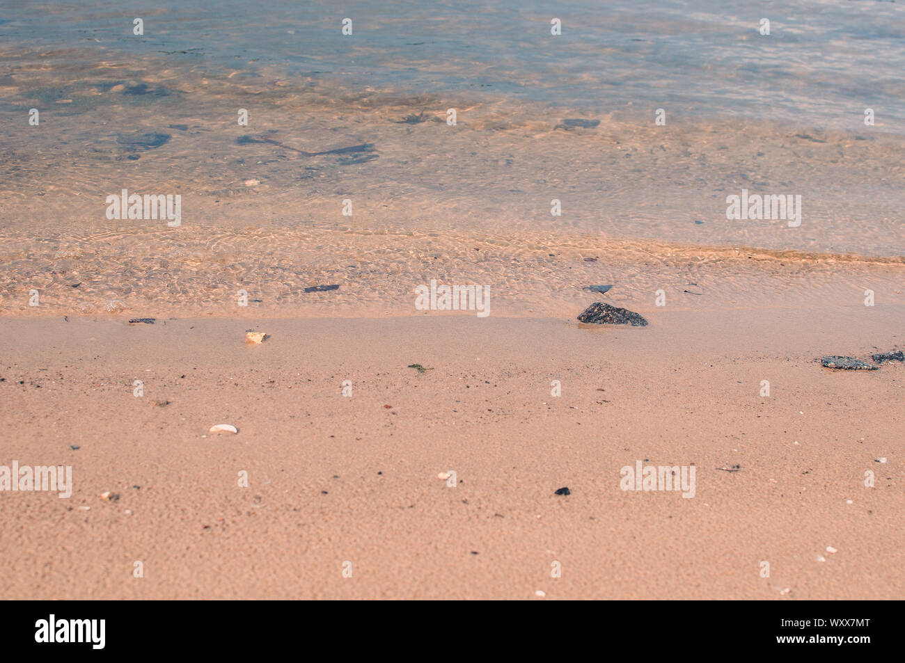 Mare spiaggia nei tropici e la morbida onda del blu dell'oceano. Estate giornata uggiosa e la spiaggia di sabbia con pietre dello sfondo. Il concetto di vacanze estive Foto Stock