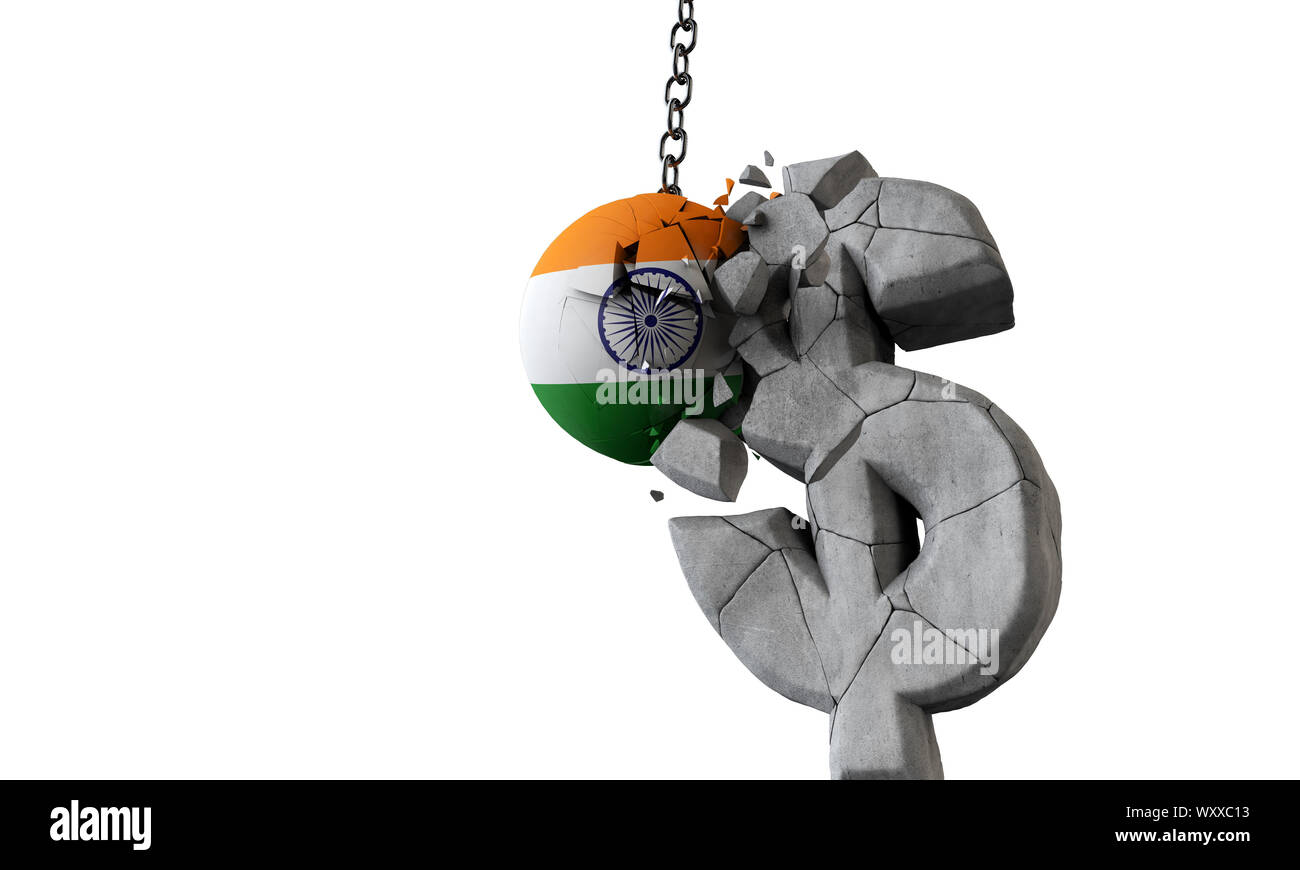 Bandiera dell'India ball smashing un dollaro USA il simbolo di valuta. 3D Render Foto Stock