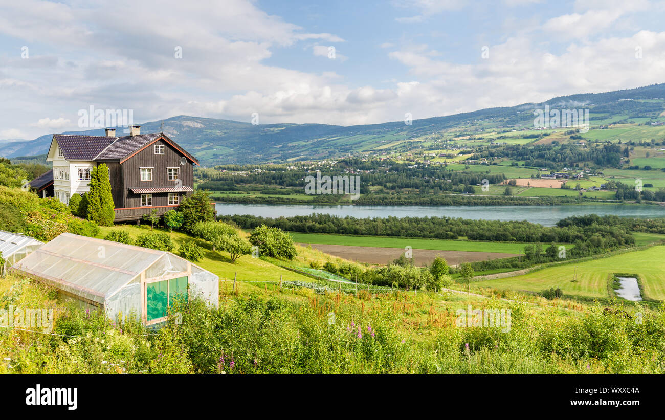 Tradizionale casa colonica e giardino in comune Sorr-Fron in Gudbrandsdal nella contea di Oppland, Norvegia Foto Stock