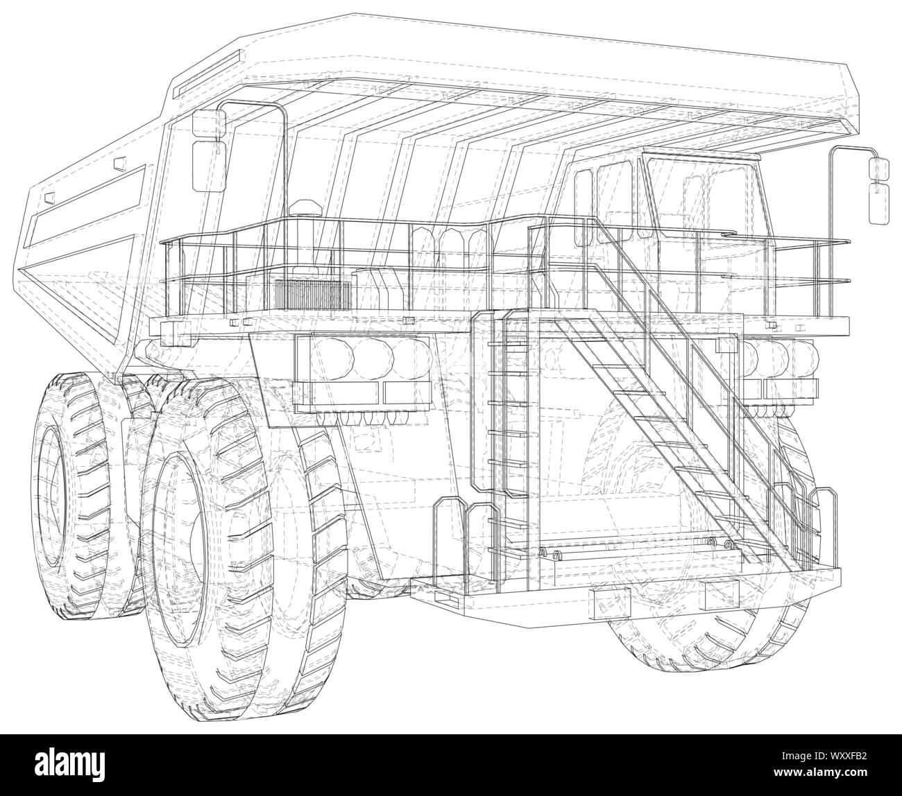 Autocarro con cassone ribaltabile, big transporter. Gli strati di visibile e invisibile di linee sono separate. EPS10 formato. Filo-telaio. Illustrazione Vettoriale