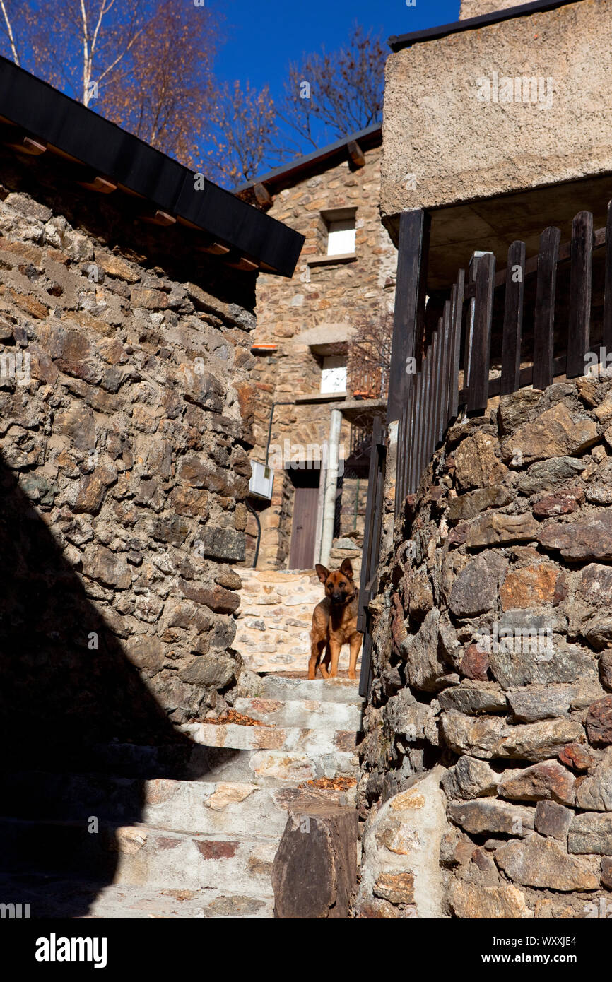 Il remoto villaggio montano di Mantet, in francese Pyrenees-Orientales, e al confine con la Catalogna. Foto Stock