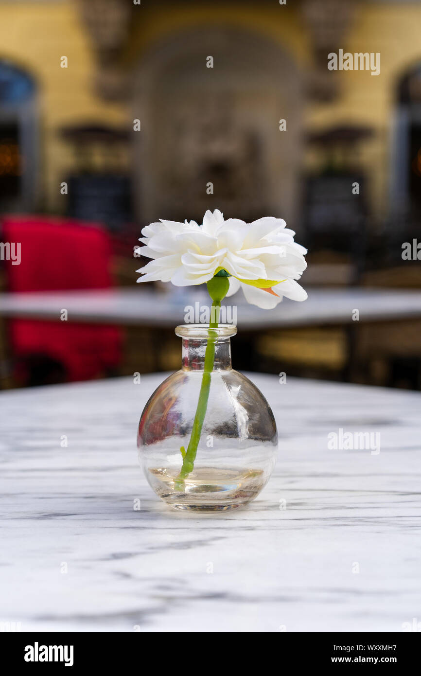 Un fiore artificiale in un piccolo vaso di vetro si erge su una tabella come decorazione. Foto Stock