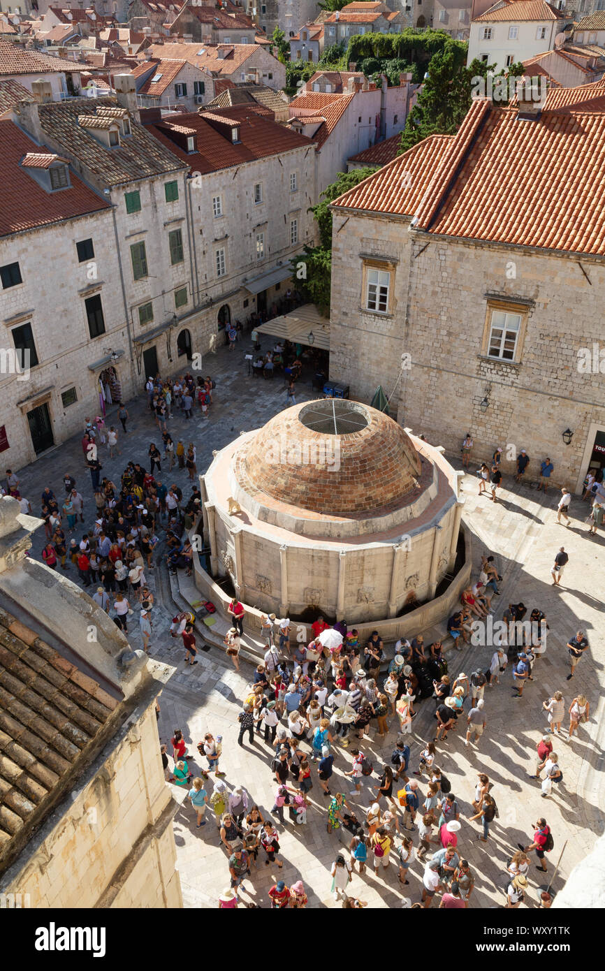 Fontana di Dubrovnik - la grande fontana di Onofrio e degli edifici circostanti dal di sopra, Dubrovnik Città Vecchia, Dubrovnik Croazia Europa Foto Stock