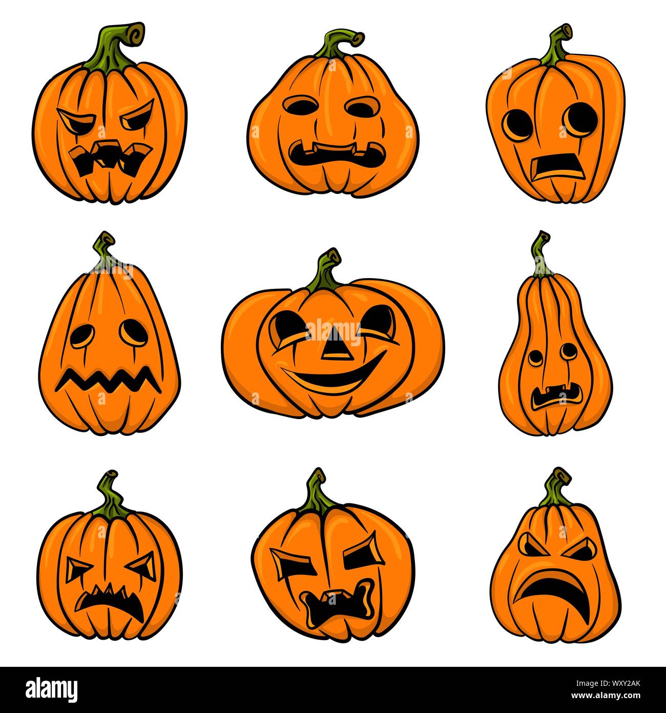 Set di zucche di Halloween, funny faces. Vacanze d'autunno. Illustrazione Vettoriale. Illustrazione Vettoriale