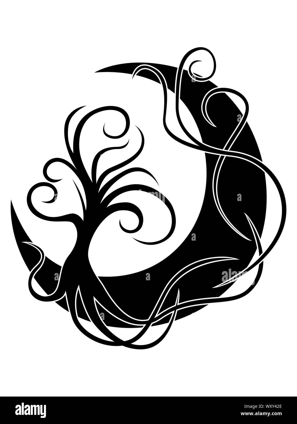 Struttura astratta sulla luna le cui radici interlacciato, black vettore di disegno a mano su bianco Illustrazione Vettoriale