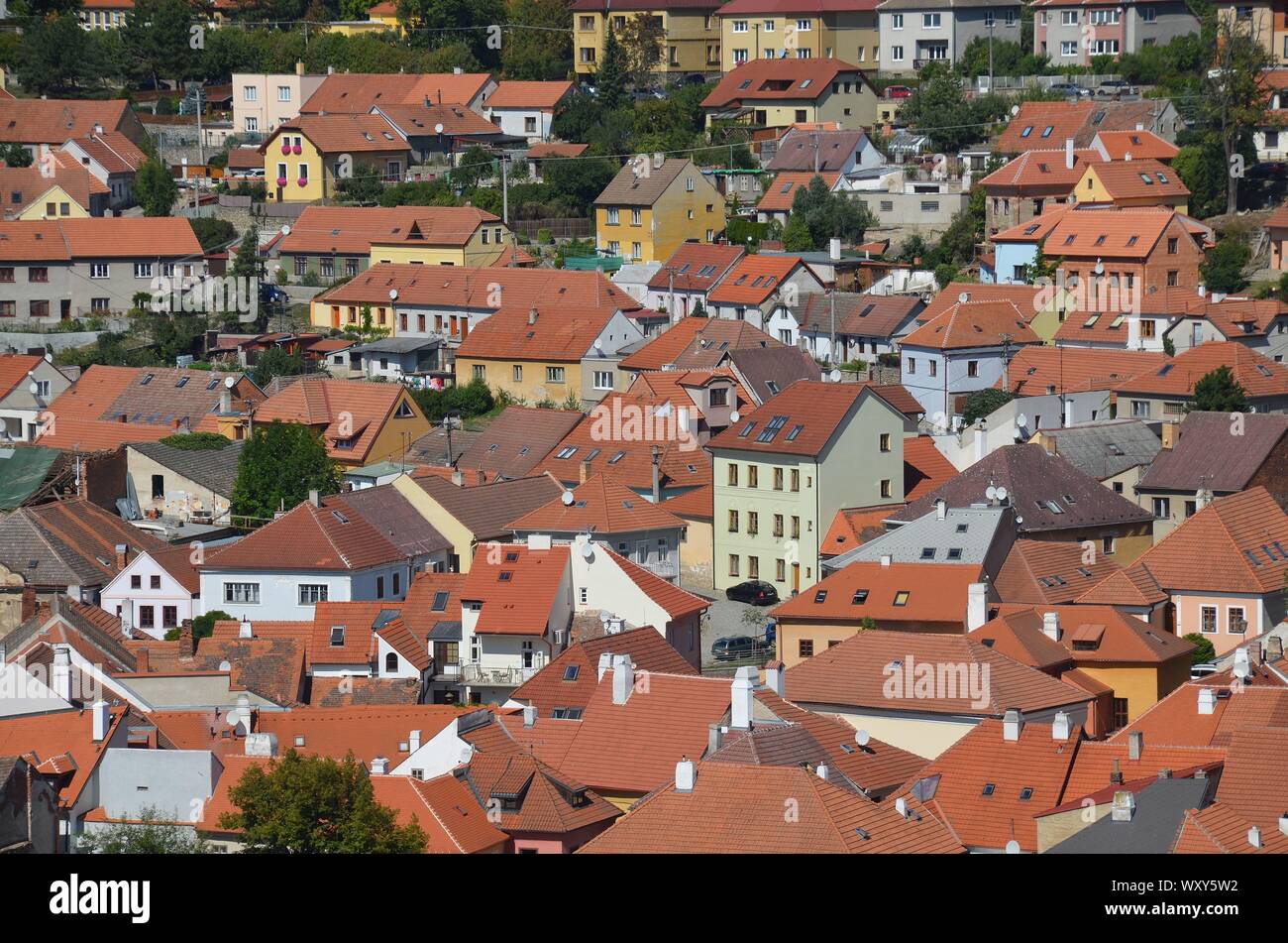 Trebic in Repubblica Ceca, UNESCO Weltkulturerbe: Blick vom Stadtturm auf die Altstadt Foto Stock