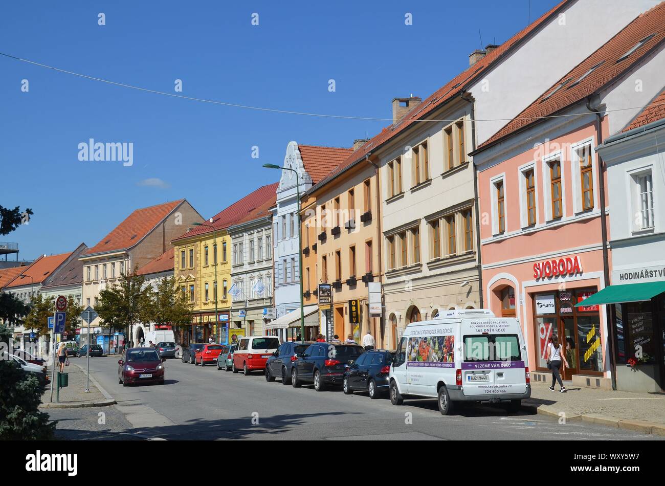 Trebic in Repubblica Ceca, UNESCO Weltkulturerbe: Am Hauptplatz, Altstadthäuser Foto Stock