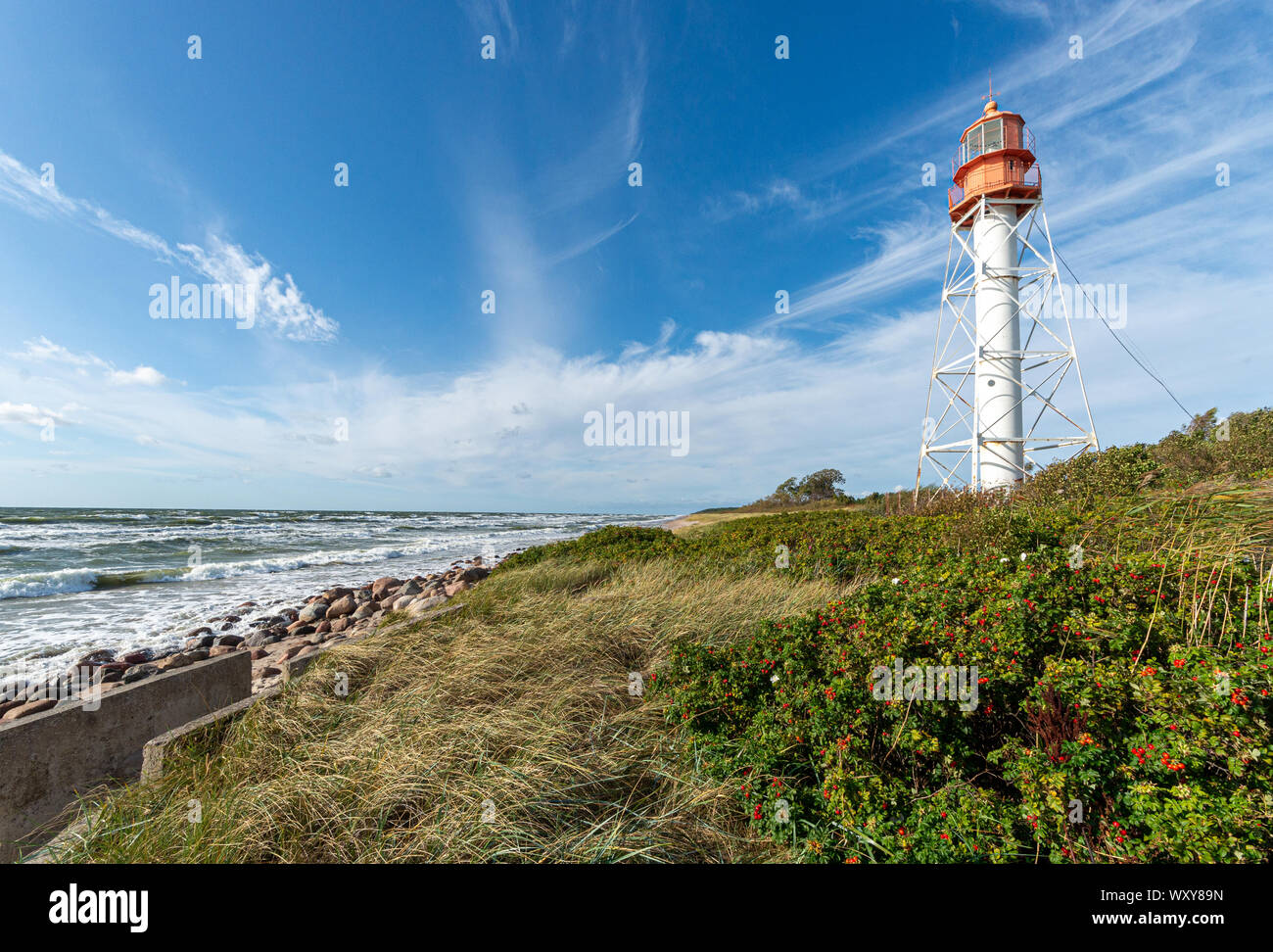 Il lapidato shore vicino al faro. Lettonia Foto Stock