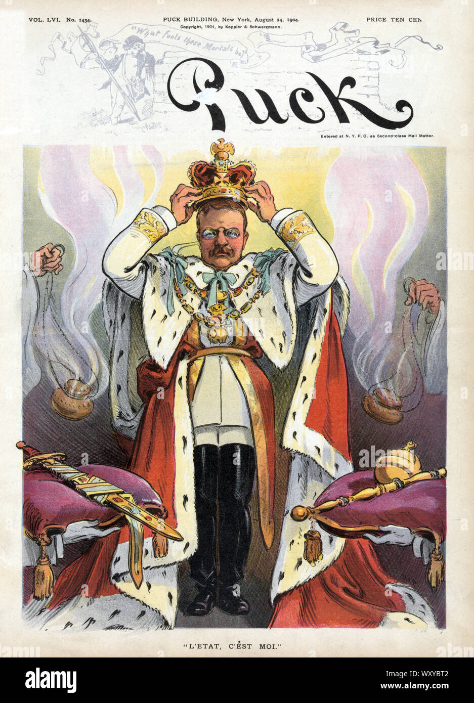 'L'Etat, c'est moi", Presidente Theodore Roosevelt a coronamento di se stesso come imperatore, Puck Magazine, Artwork da Udo J. Keppler, pubblicato da Keppler & Schwarzmann, 24 agosto 1904 Foto Stock