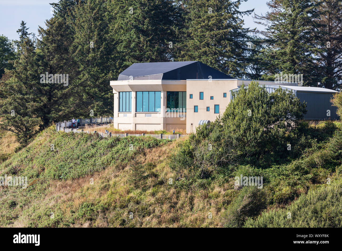 Stati Uniti d'America, nello Stato di Washington, Ilwaco, Cape delusione del parco statale. Il Lewis & Clark Interpretive Center affacciato sul fiume Columbia e Oceano Pacifico. Foto Stock