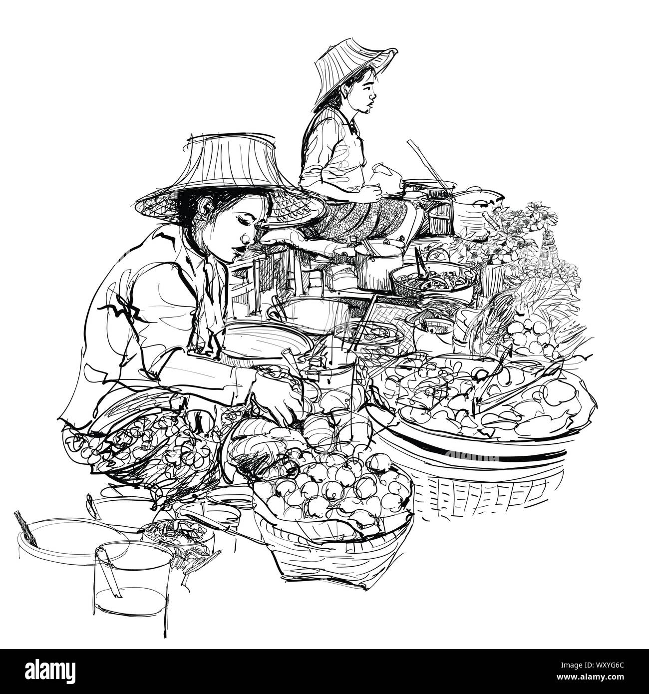 Fornitori in un mercato di strada in Thailandia - illustrazione vettoriale (ideale per la stampa su tessuto o carta, poster o di sfondo, la decorazione della casa, advertisem Illustrazione Vettoriale