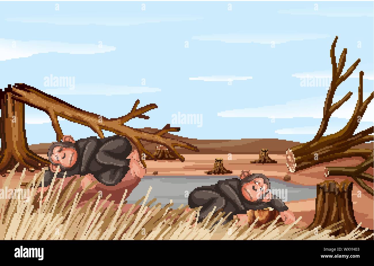 La deforestazione in scena con due scimmie illustrazione Illustrazione Vettoriale