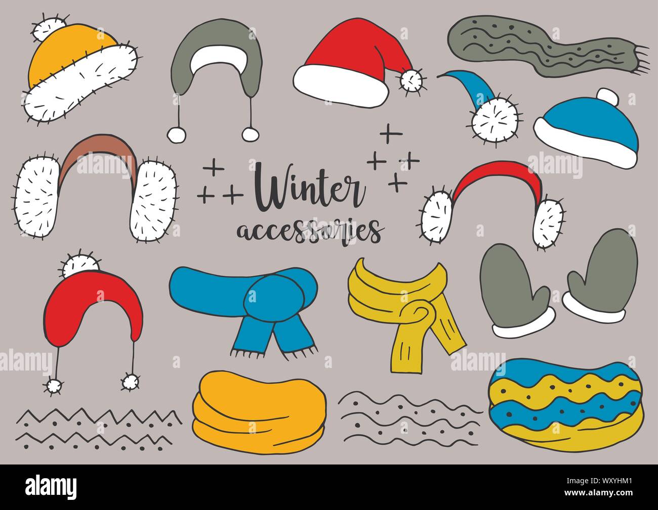 Accessori d'inverno. Stagione invernale degli elementi per il tuo design. Una collezione di cappelli, sciarpe, snood, muffole, isolate e raggruppate Illustrazione Vettoriale