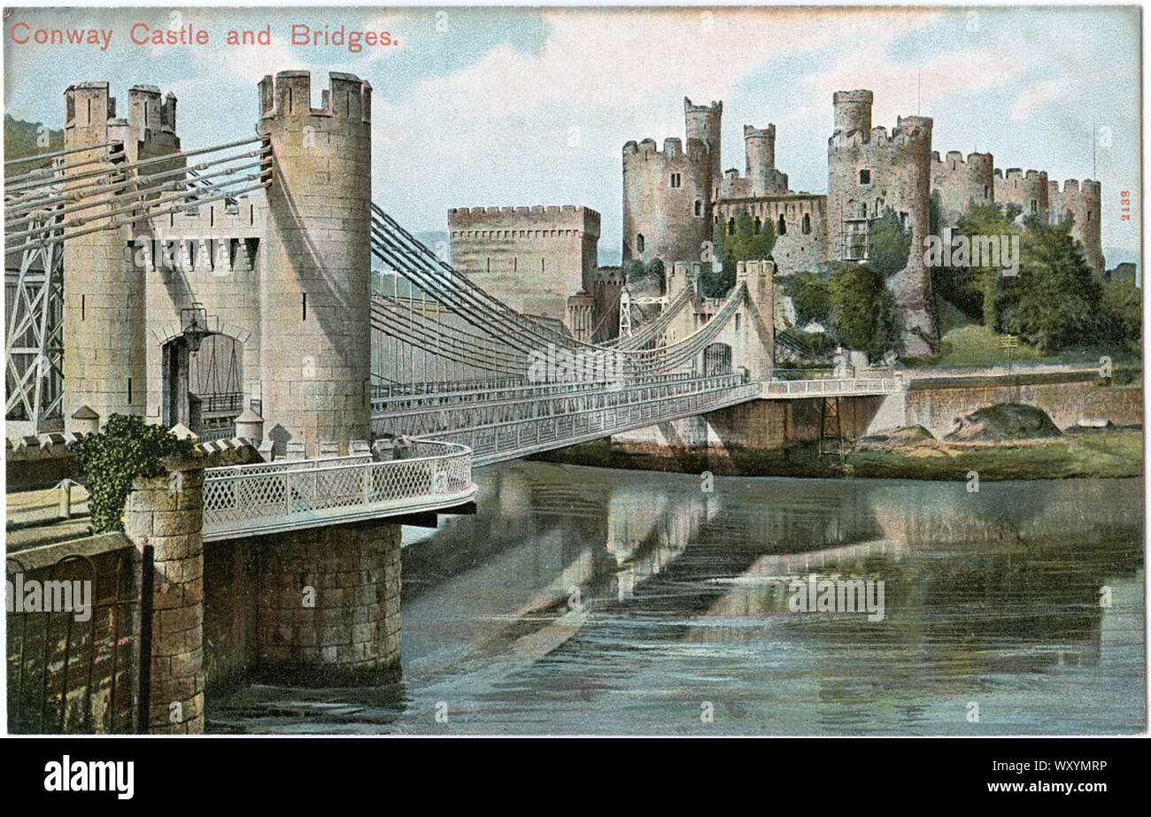 Conwy Castle e ponte, Conwy, Galles, Peacock 'Autochrom' cartolina, fermo pittorica Company, Ltd., Londra, 1910 Foto Stock