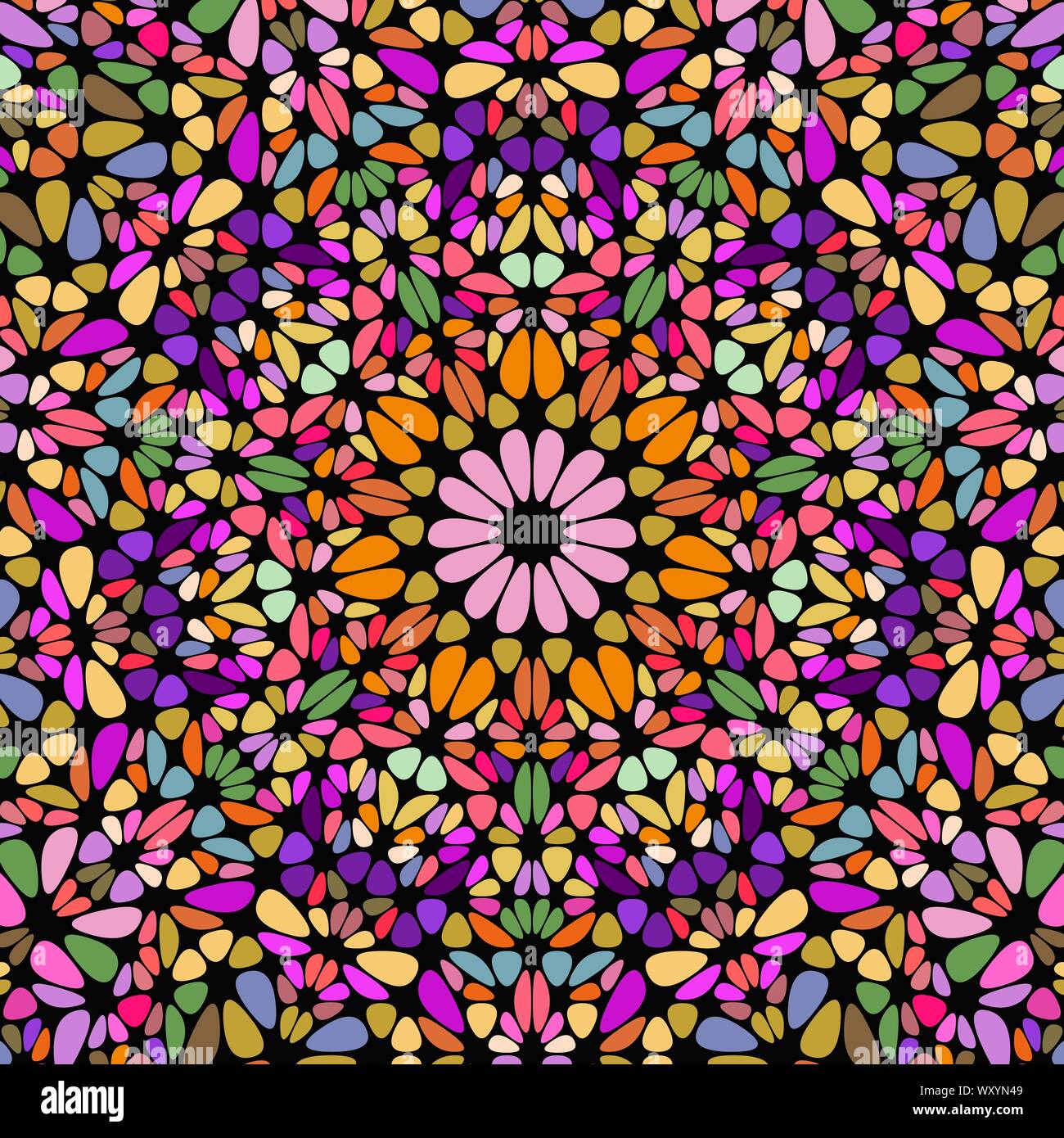 Radiale mosaico floreale pattern di sfondo - circolare colorato psichedelico ipnotico di illustrazione vettoriale con pietre curve Illustrazione Vettoriale