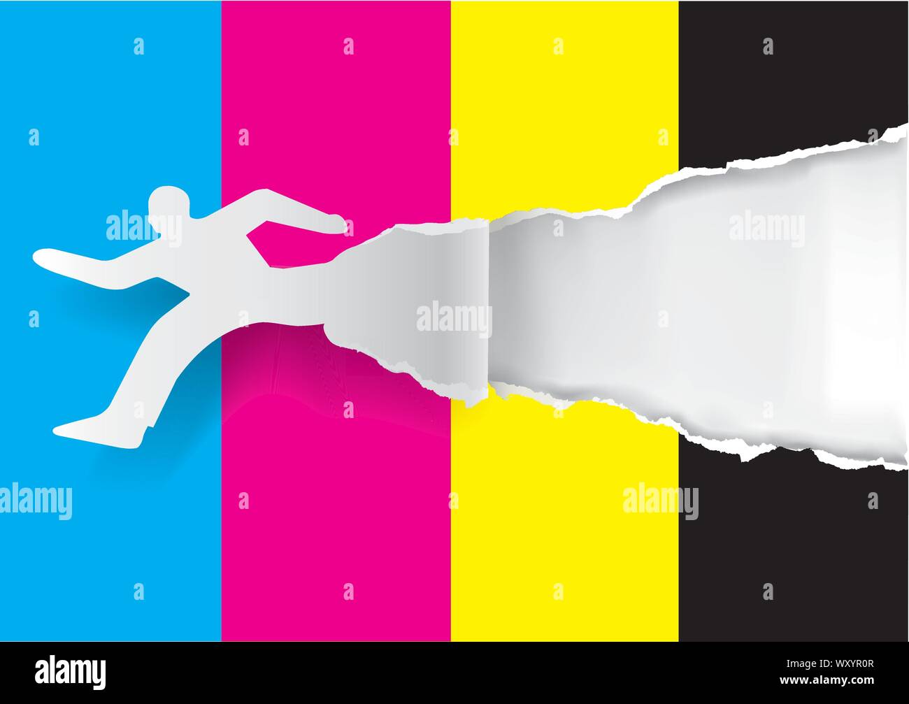 Rapida stampa a colori concetto. Silhouette di carta di uomini in esecuzione il RIP di carta con i colori di stampa con posto per il tuo testo o immagine. Concetto di presentazione Illustrazione Vettoriale