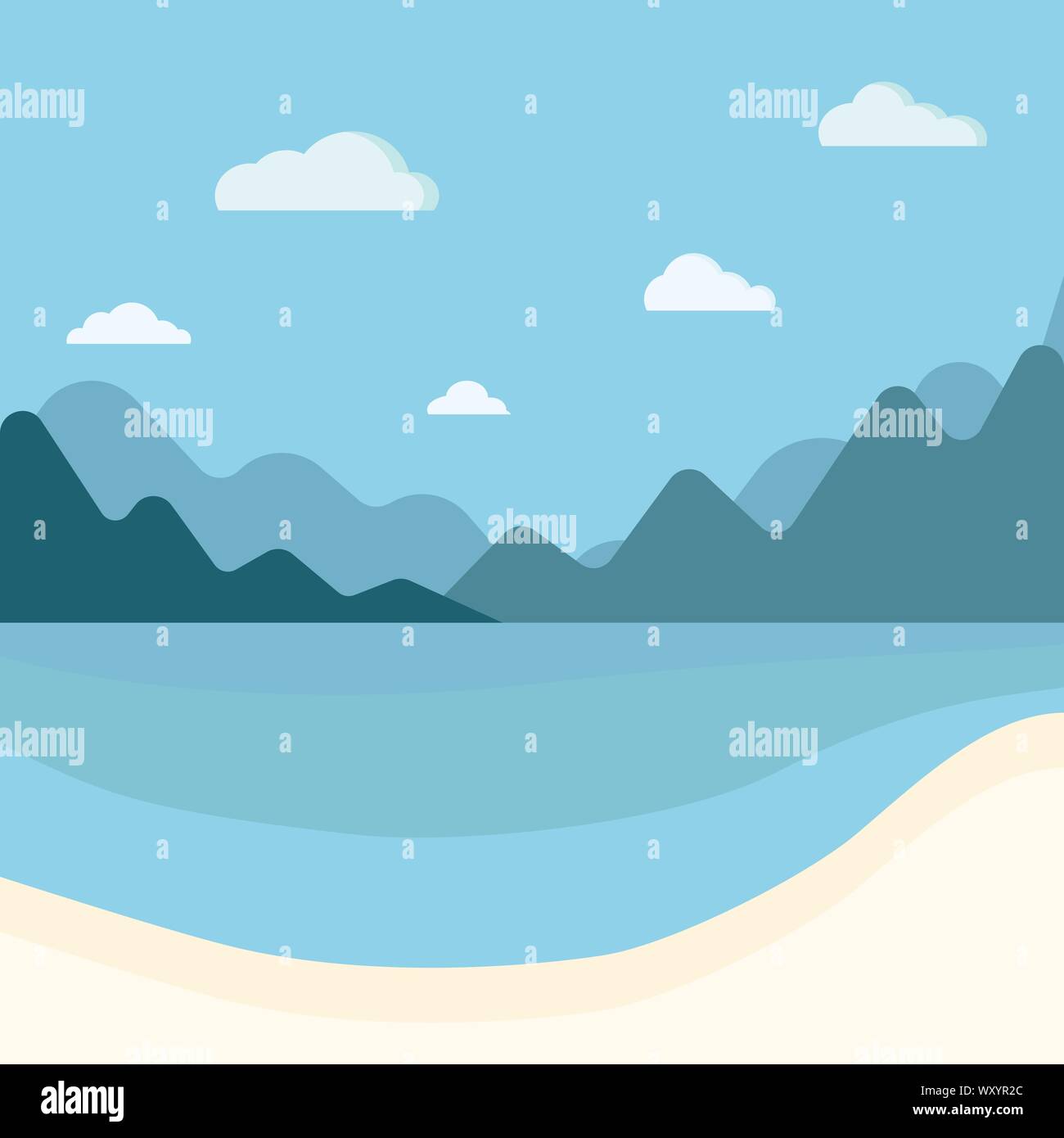 Semplice blu del mare, le montagne e la spiaggia di sabbia fine estate sfondo. Illustrazione Vettoriale