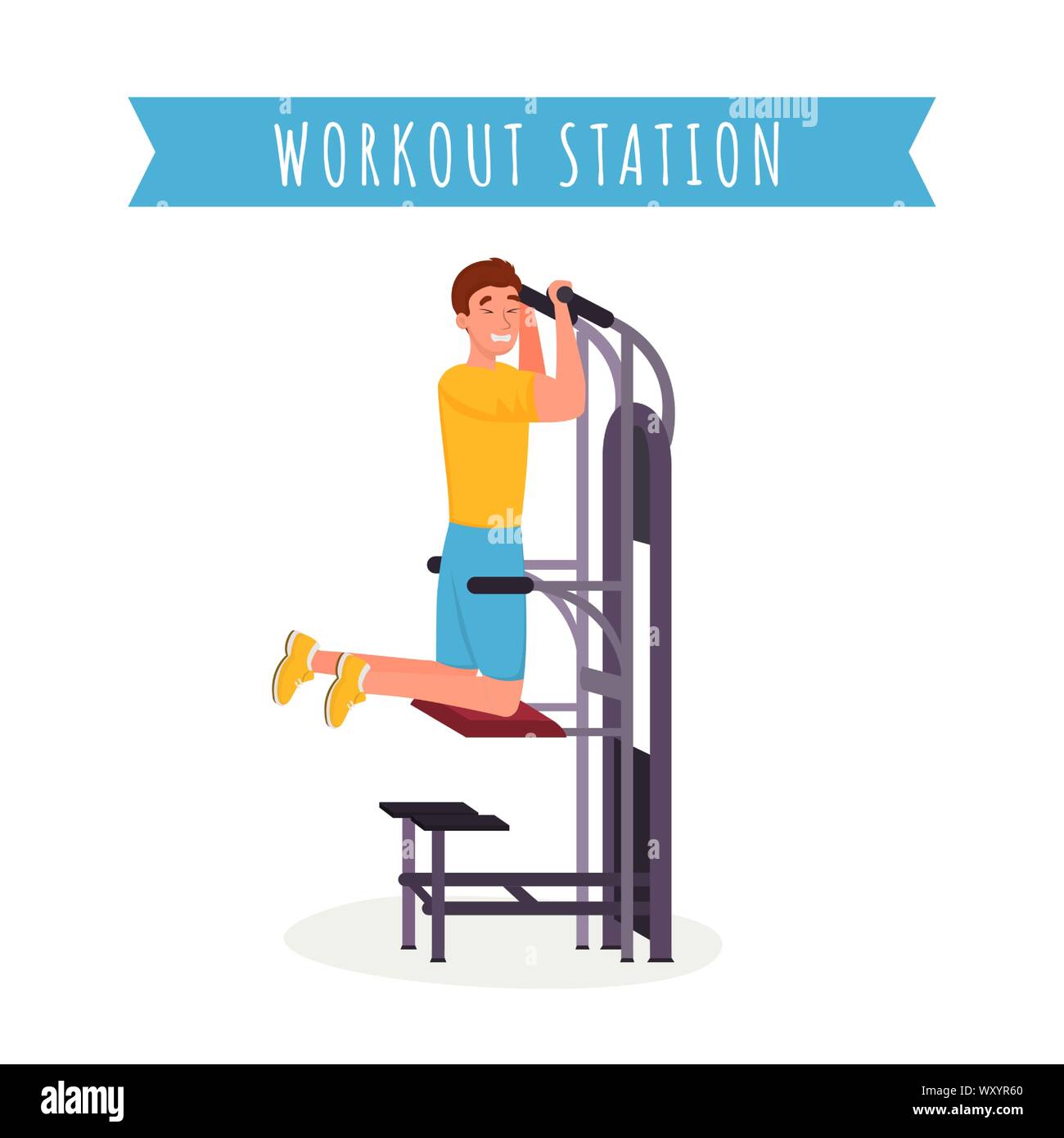 Guy utilizzando la stazione di allenamento piatta illustrazione vettoriale. Allegro atleta sportswear, fitness trainer lavora con apparecchiatura personaggio dei fumetti. I muscoli del braccio della macchina di formazione, uno stile di vita sano banner Illustrazione Vettoriale Guy utilizzando la stazione di allenamento piatta illustrazione vettoriale. Allegro atleta sportswear, fitness trainer lavora con apparecchiatura personaggio dei fumetti. I muscoli del braccio della macchina di formazione, uno stile di vita sano banner Illustrazione Vettoriale